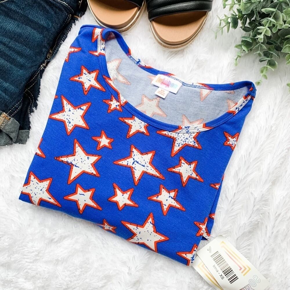LulaRoe | NWT Size XS Blue with White Stars and Red Outline Irma Tunic